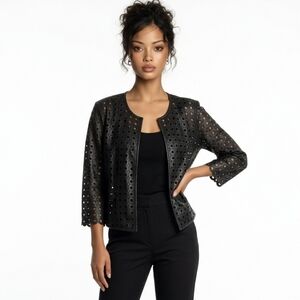Milly 100% Lamb Leather Black Eyelet Perforated Cropped Women's Jacket Cardigan
